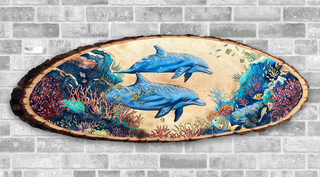 2 Dolphins Swimming Through Coral Reef- Original Wood Burn