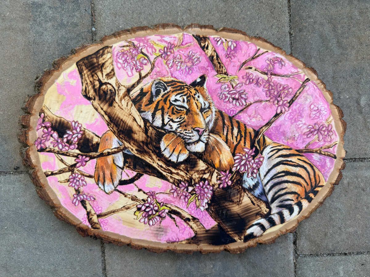 Tiger amount Cherry Blossoms - Original Wood Burn