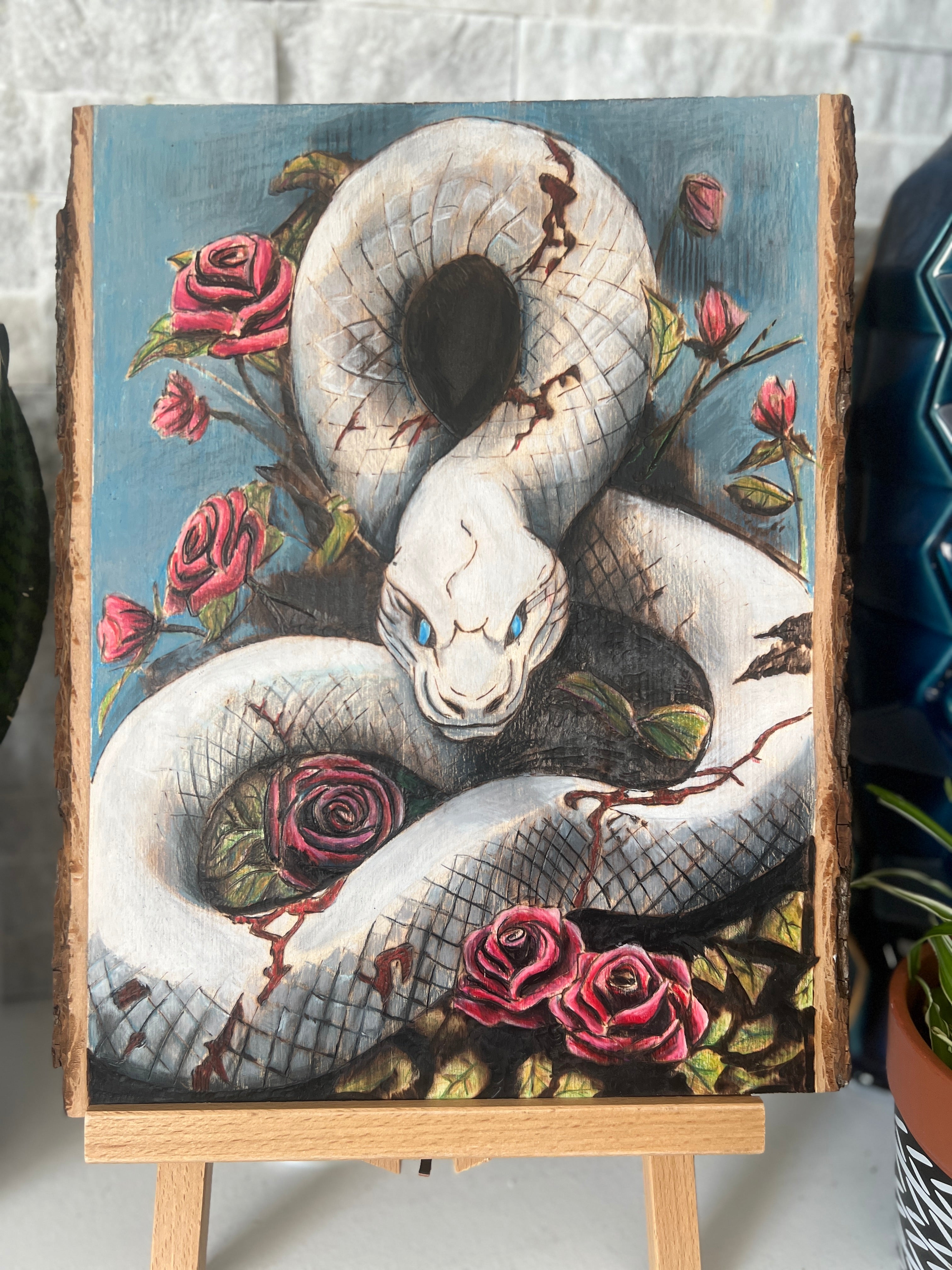 White Snake & Red Roses - Original Wood Burn