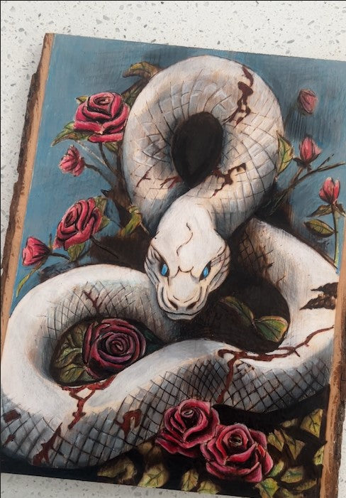 White Snake & Red Roses - Original Wood Burn