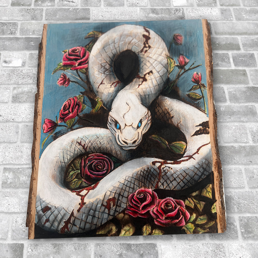 White Snake & Red Roses - Original Wood Burn