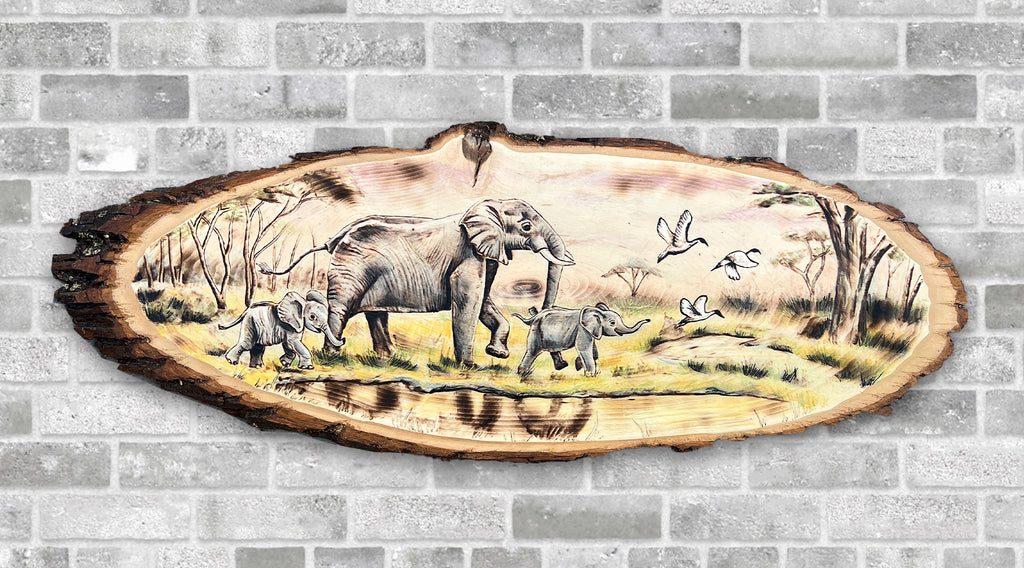 Elephant Family in the Savannah- Original Wood Burn