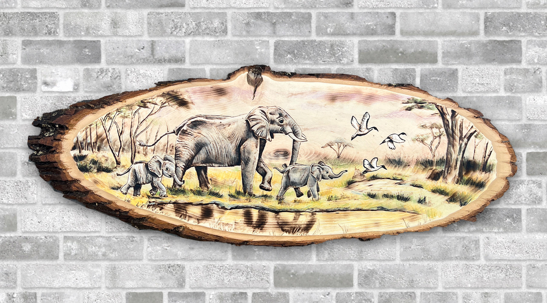 Elephant Family in the Savannah- Original Wood Burn