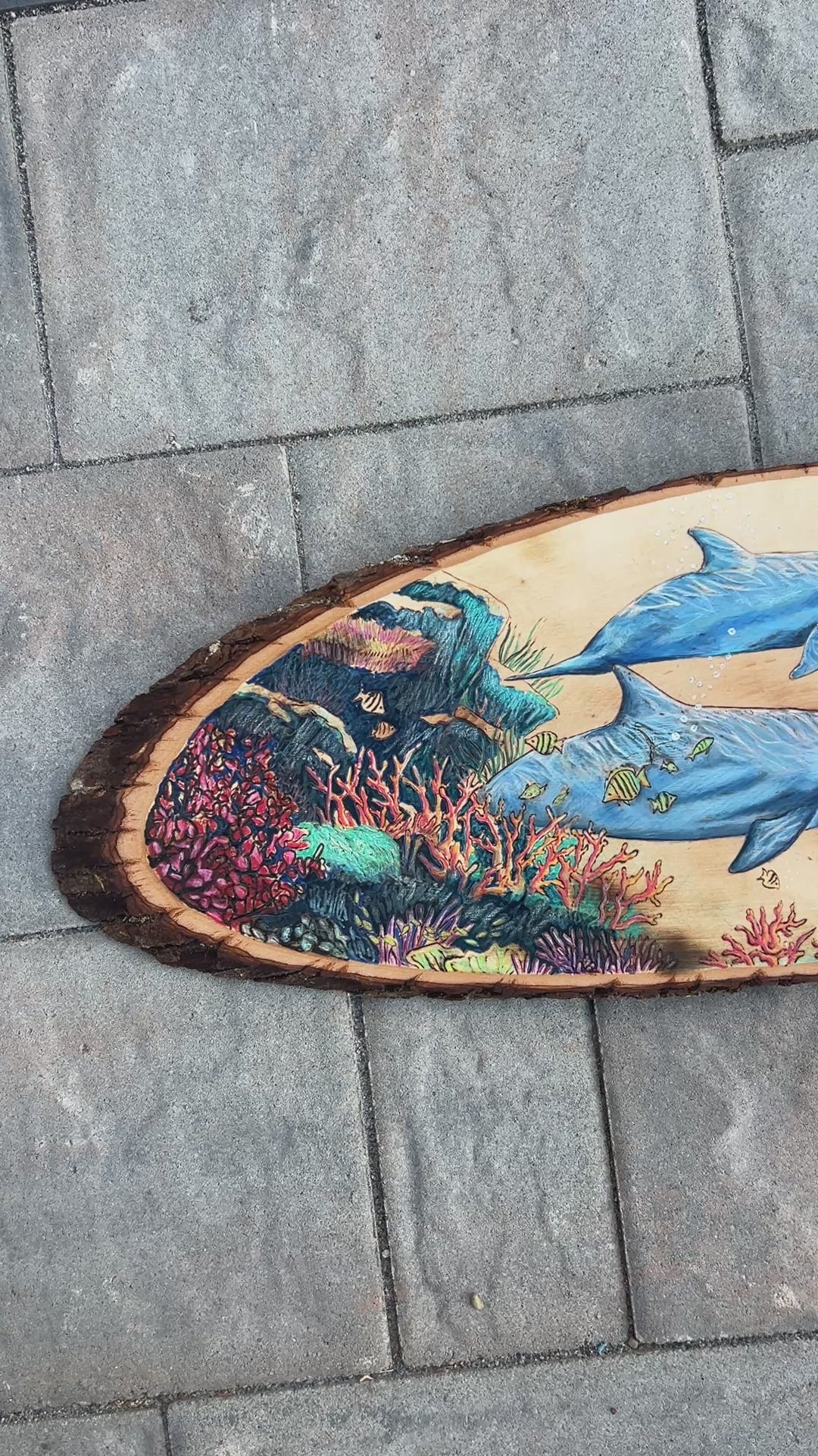 2 Dolphins Swimming Through Coral Reef- Original Wood Burn